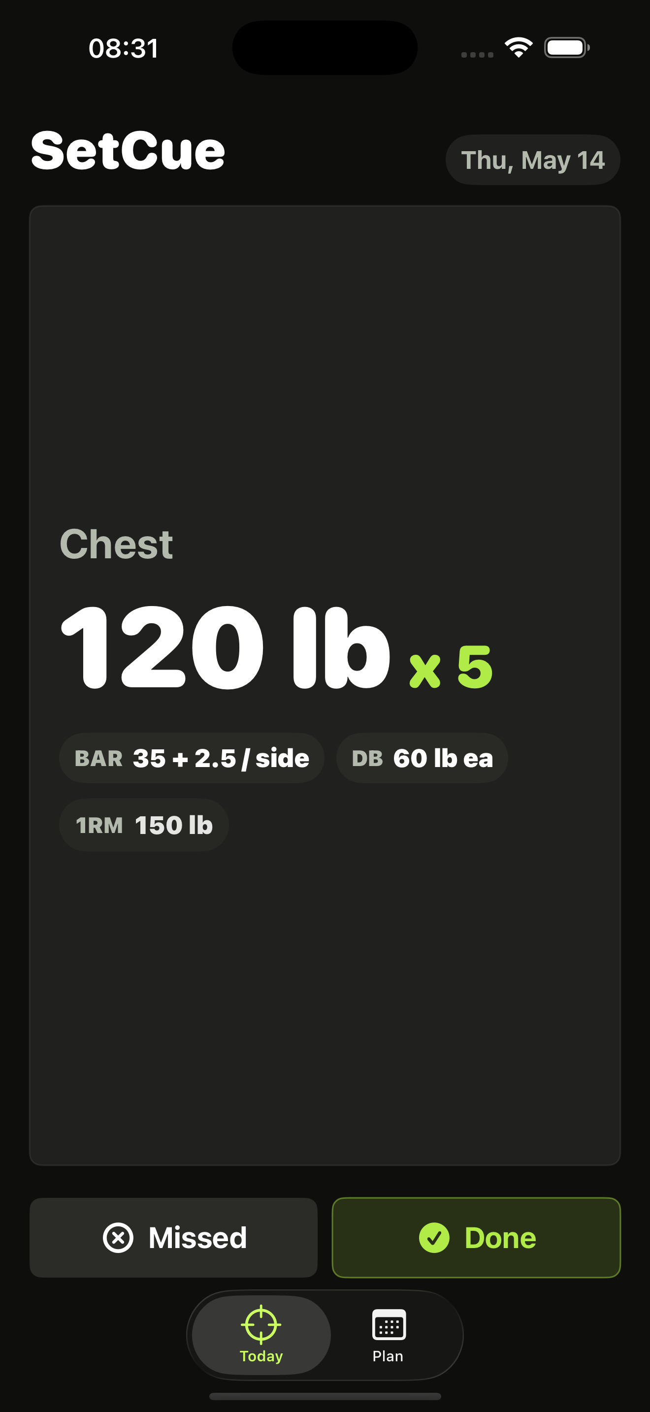 SetCue Today screen: Chest, 120 lb x 5, with bar and dumbbell loading hints.