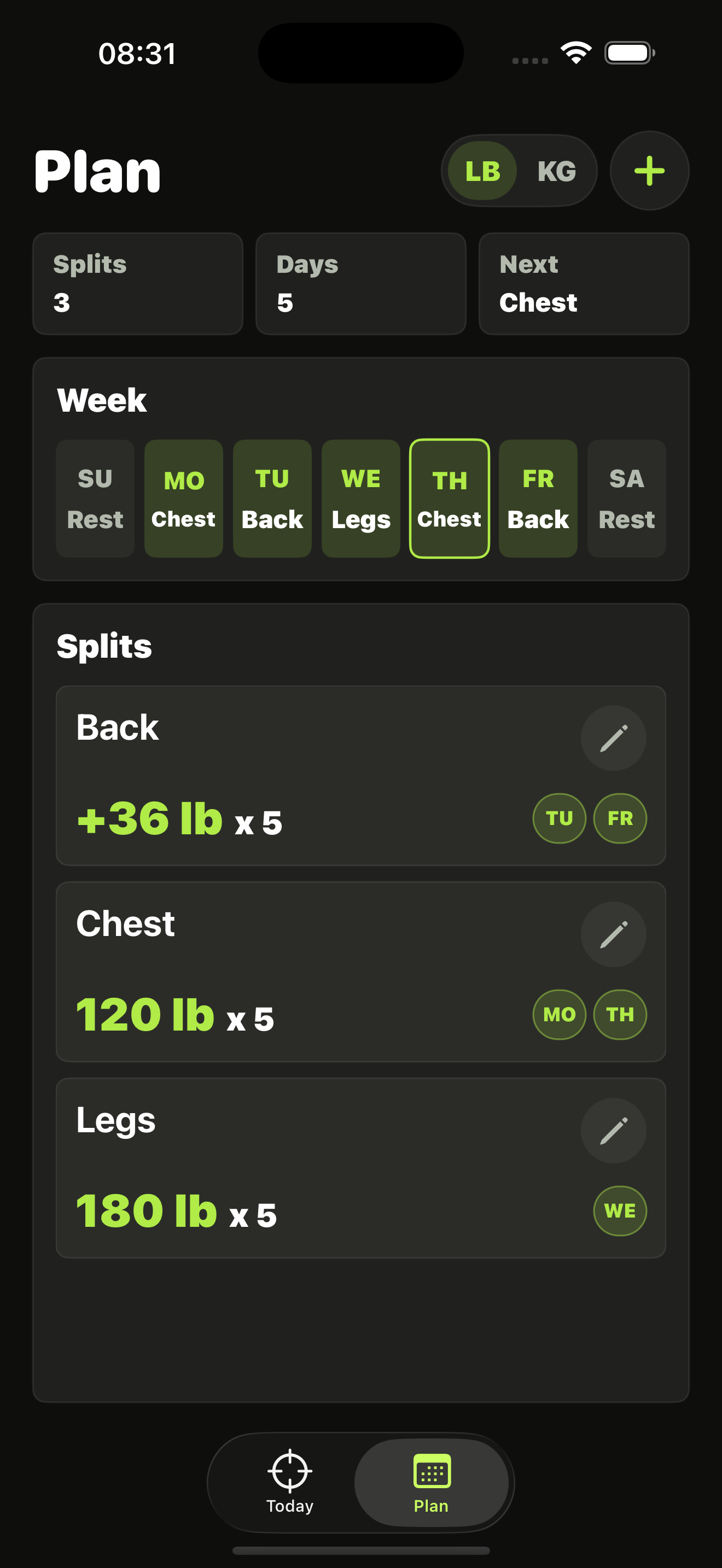 SetCue Plan screen with three splits and a weekly schedule.