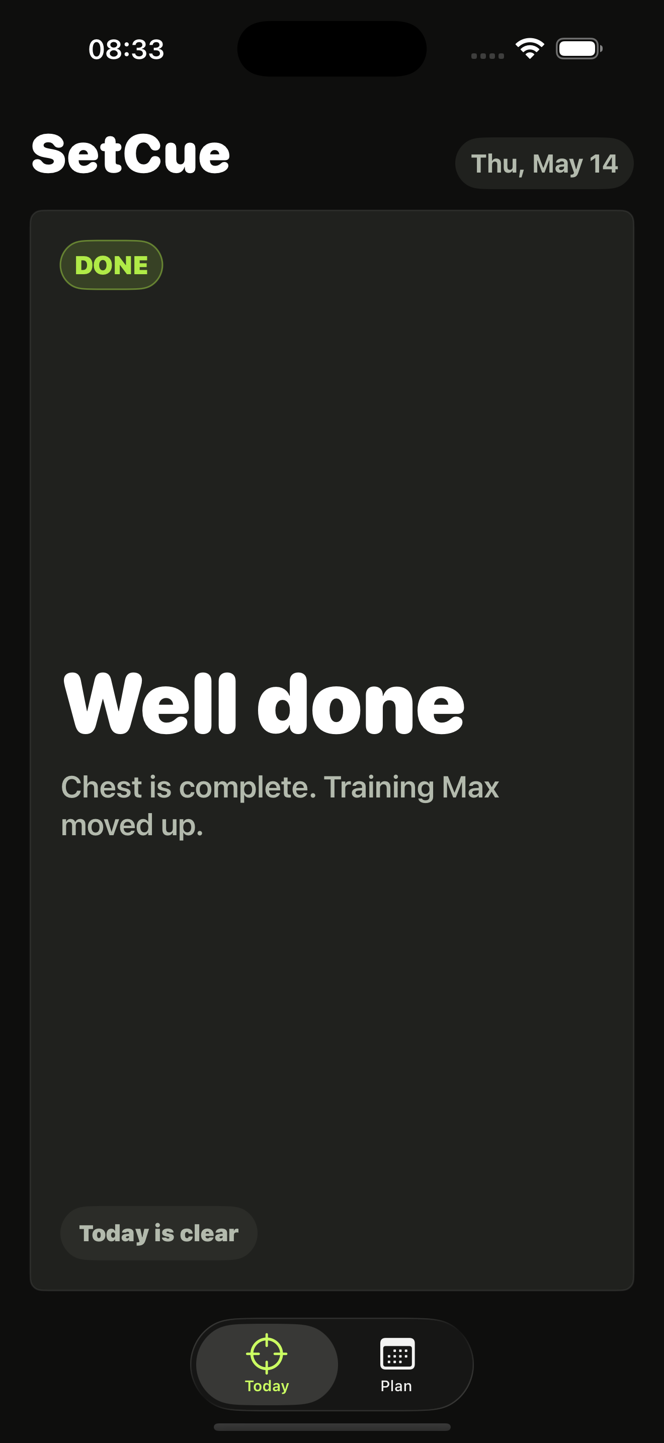 SetCue completed state: Well done. Chest is complete.